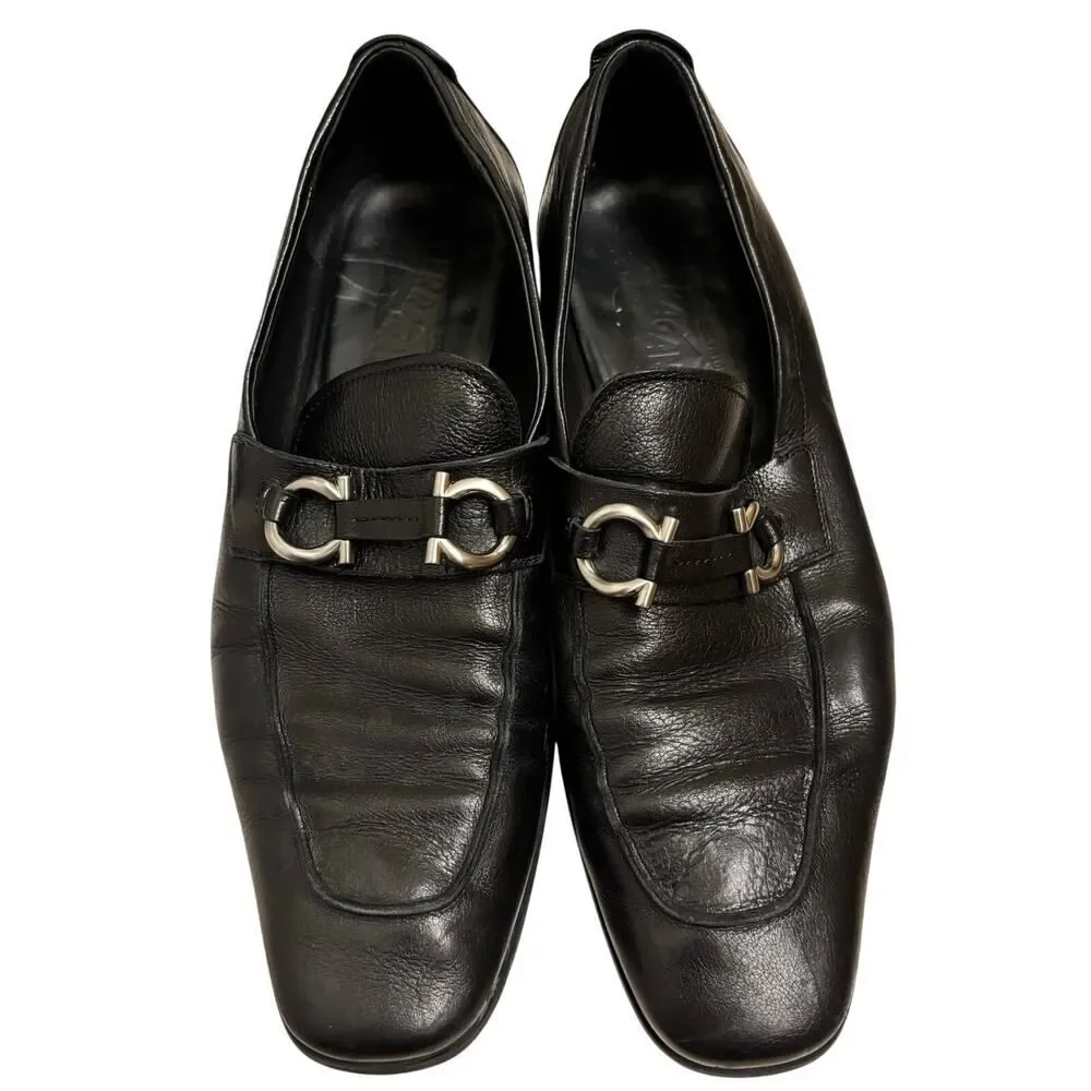 Salvatore Ferragamo loafers featuring silver Gancini bit hardware, men’s size 9